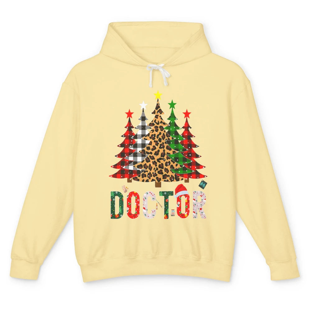 Merry Christmas Doctor Leopard Buffalo Plaid Xmas Pine Tree Unisex Lightweight Hoodie