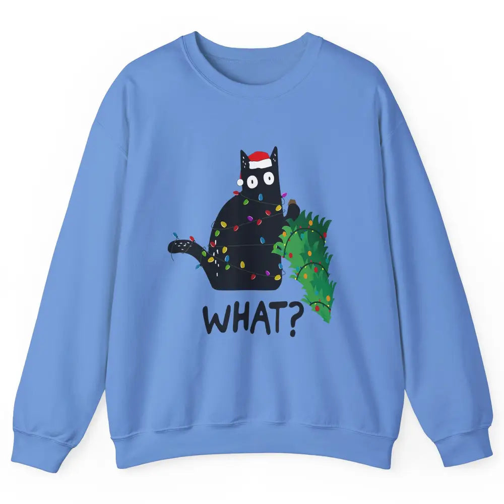 Black Cat Pushing Christmas Tree What Xmas Lights Santa Hat Unisex Crewneck Sweatshirt