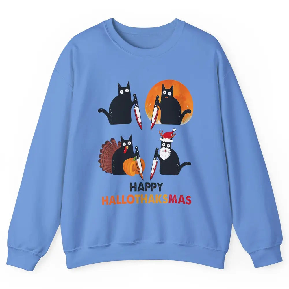 Funny Murderous Cat Turkey Hallo-thank-mas Thanksgiving Xmas Unisex Crewneck Sweatshirt