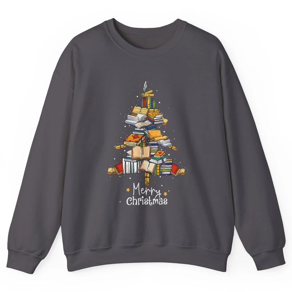 Merry Christmas Tree Reading Books Librarian Xmas Lighting Unisex Crewneck Sweatshirt
