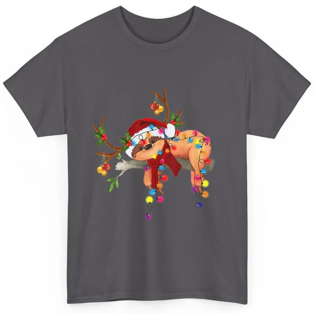 Merry Christmas Santa Claus Hat Sloth Reindeer Xmas Lights Classic Unisex T-Shirt