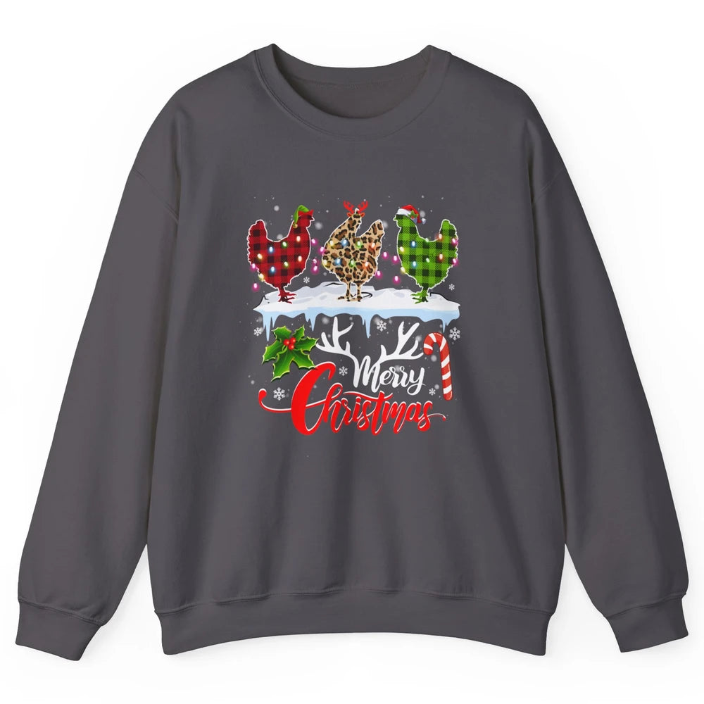 Merry Christmas Three Chickens Buffalo Leopard Red Plaid Hen Unisex Crewneck Sweatshirt