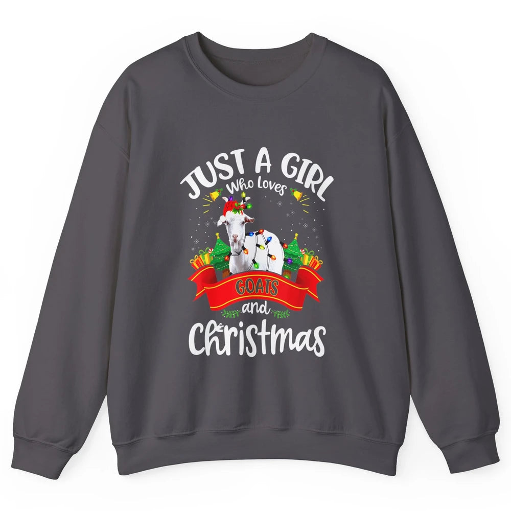 Merry Christmas Just Girl Loves Goat And Xmas Tree Lights Unisex Crewneck Sweatshirt