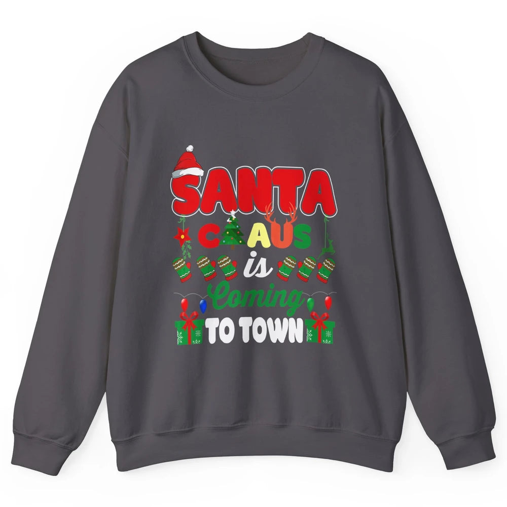 Merry Christmas Santa Claus Coming To Town Retro Xmas Lights Unisex Crewneck Sweatshirt