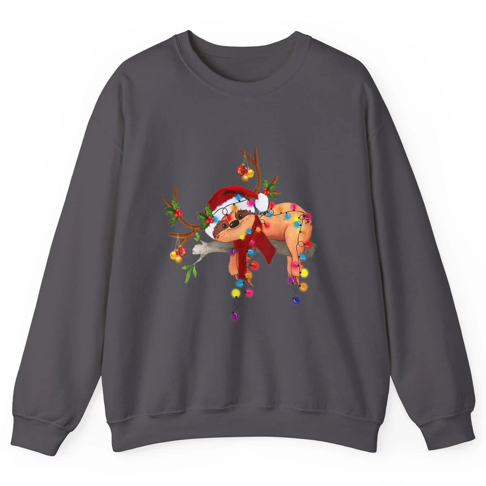 Merry Christmas Santa Claus Hat Sloth Reindeer Xmas Lights Unisex Crewneck Sweatshirt