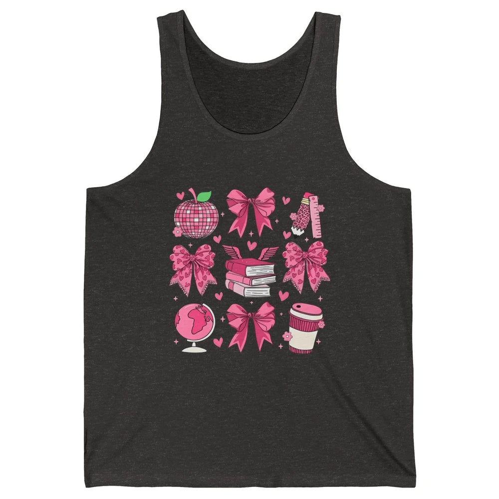 Cute Set Of Bows Coquette Coffee Apple Pink Valentine's Day Love Leopard Heart Back To School Latte Book Teacher Students Unisex Jersey Tank