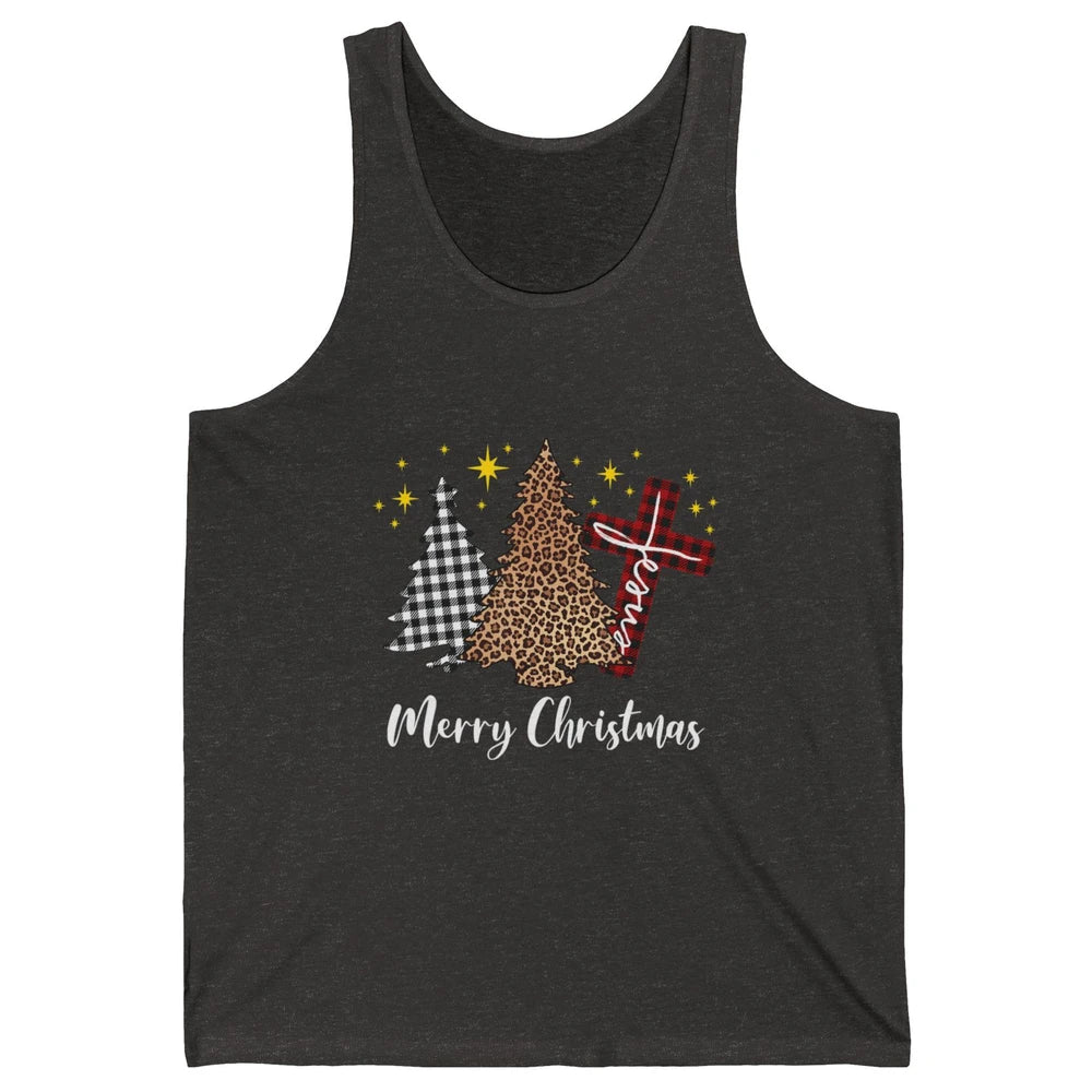 Merry Christmas Xmas Tree Cross Red Plaid Christian Leopard Unisex Jersey Tank