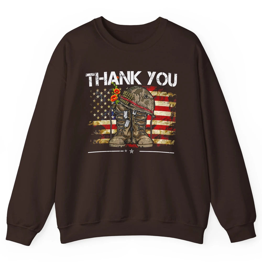 Vintage Veteran US Flag Thank You Military Boot Memorial Day Unisex Crewneck Sweatshirt