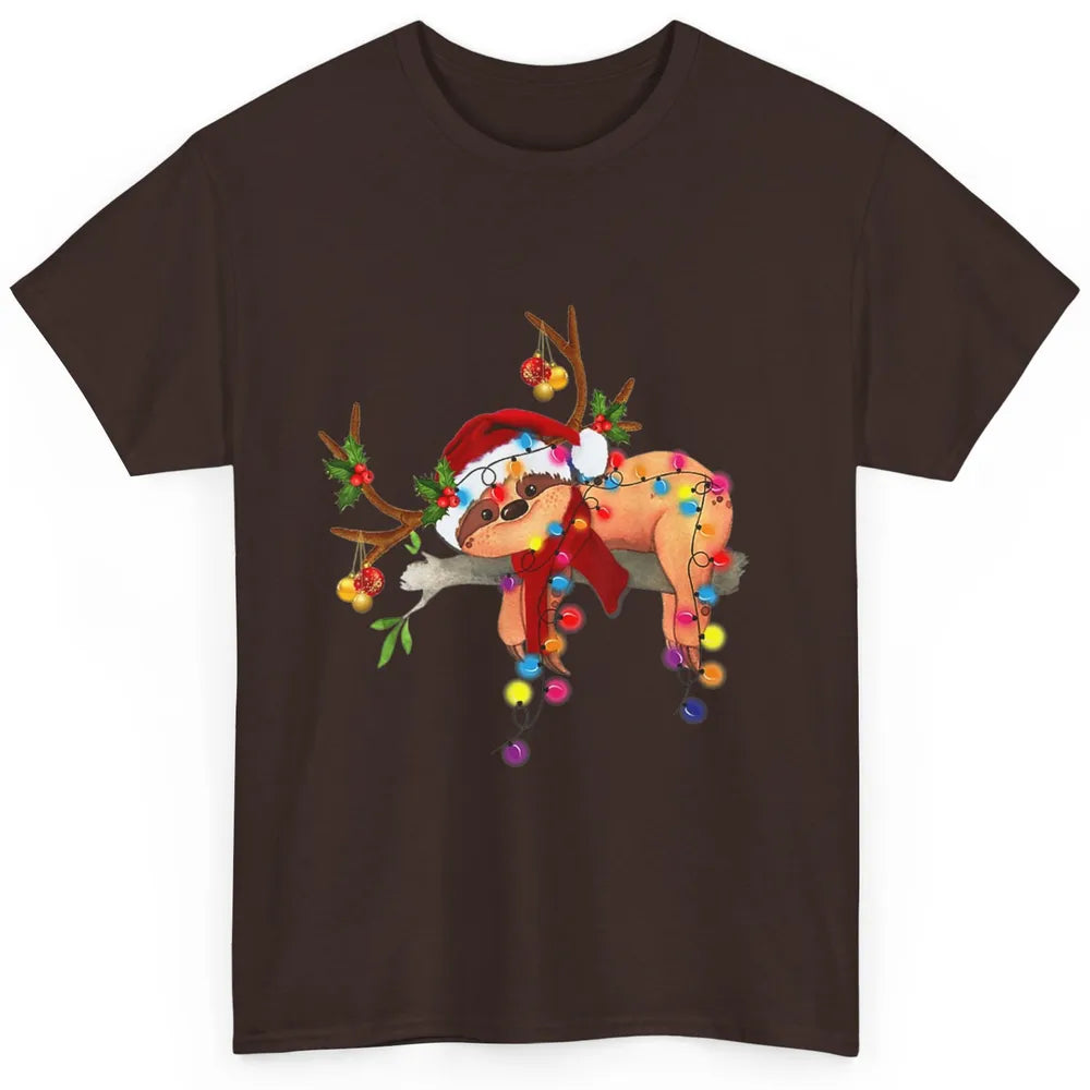 Merry Christmas Santa Claus Hat Sloth Reindeer Xmas Lights Classic Unisex T-Shirt