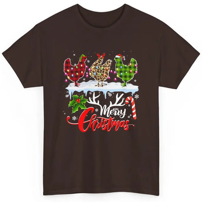 Merry Christmas Three Chickens Buffalo Leopard Red Plaid Hen Classic Unisex T-Shirt