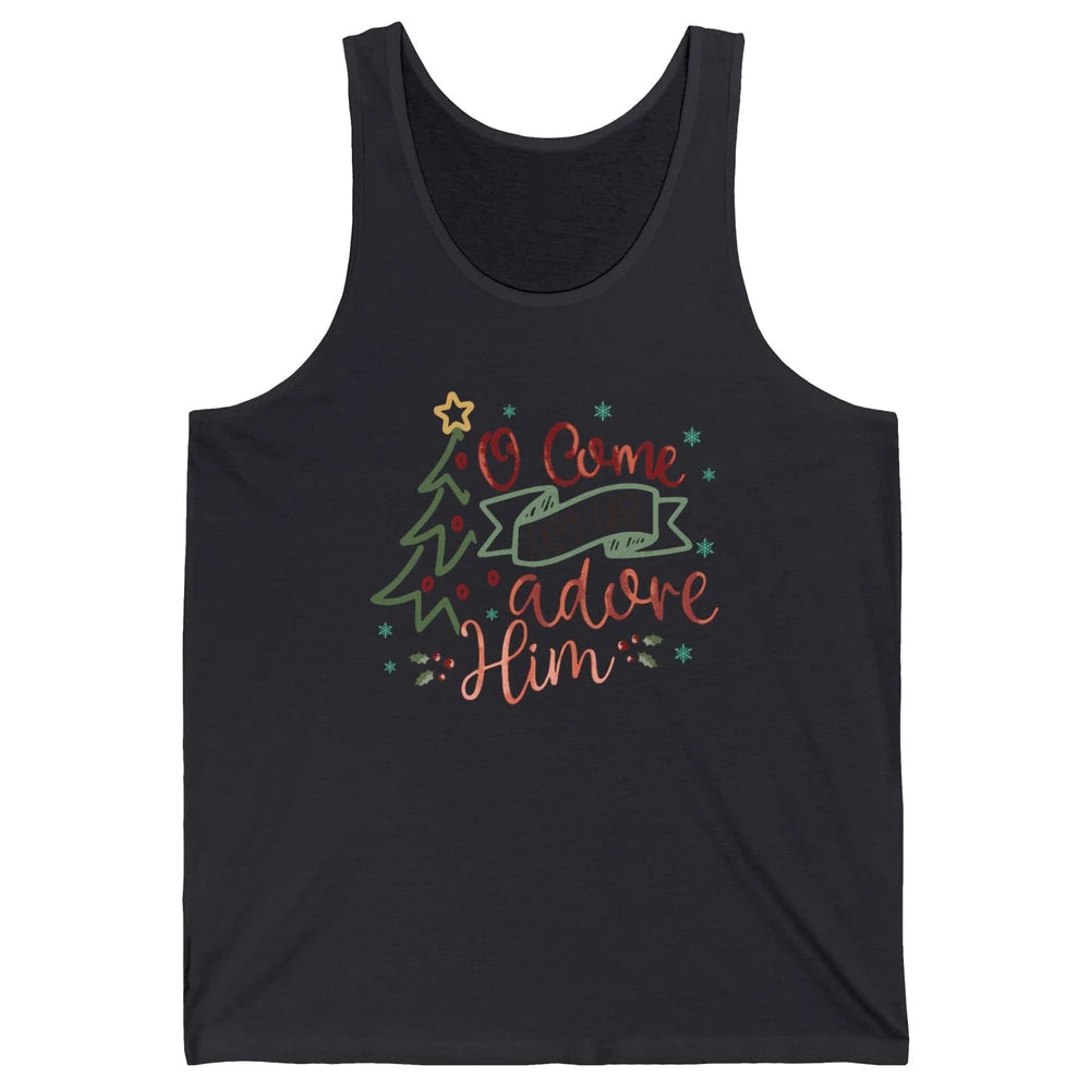 Retro Christmas Tree O Come Let Us Adore Him Christian Jesus Unisex Jersey Tank