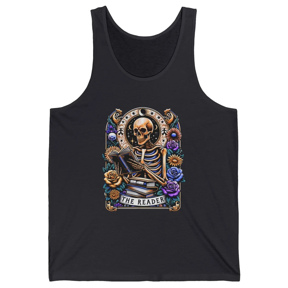 The Reader Tarot Card Halloween Reading Book Skeleton Floral Skull Bookish Bookworm Unisex Jersey Tank