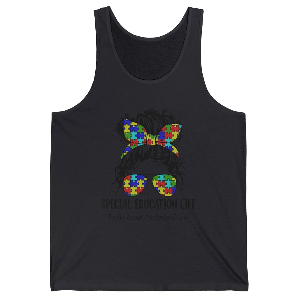 Special Education Teacher Messy Bun Autism Teach Accept Love Unisex Jersey Tank