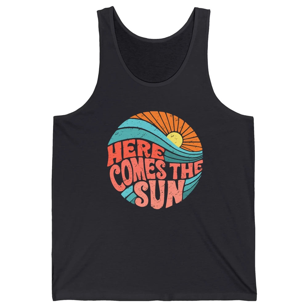 Retro Rainbow Sunrise Here Comes The Sun Hippie Girl Unisex Jersey Tank