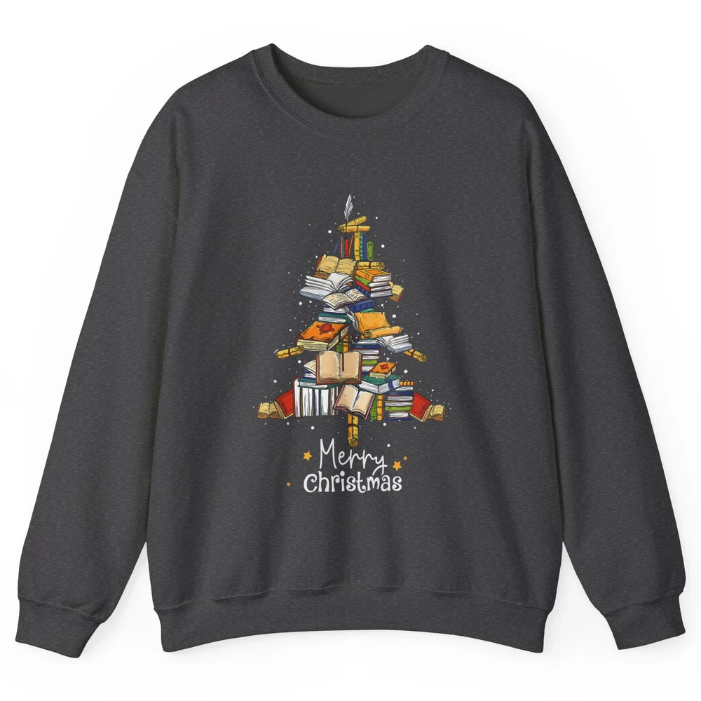 Merry Christmas Tree Reading Books Librarian Xmas Lighting Unisex Crewneck Sweatshirt