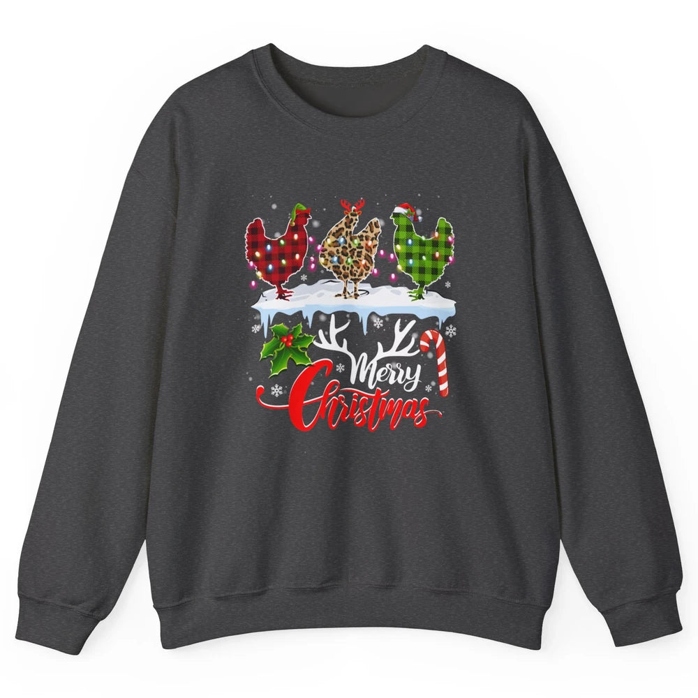 Merry Christmas Three Chickens Buffalo Leopard Red Plaid Hen Unisex Crewneck Sweatshirt