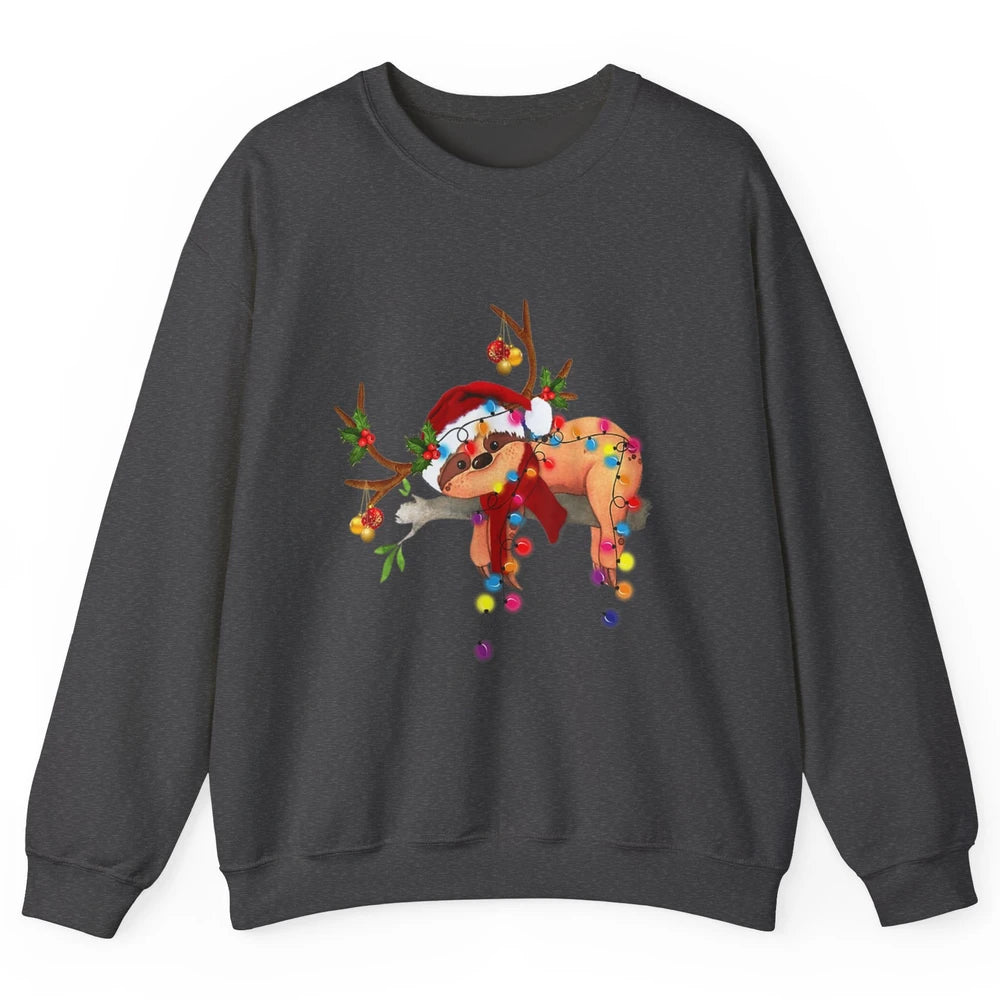 Merry Christmas Santa Claus Hat Sloth Reindeer Xmas Lights Unisex Crewneck Sweatshirt