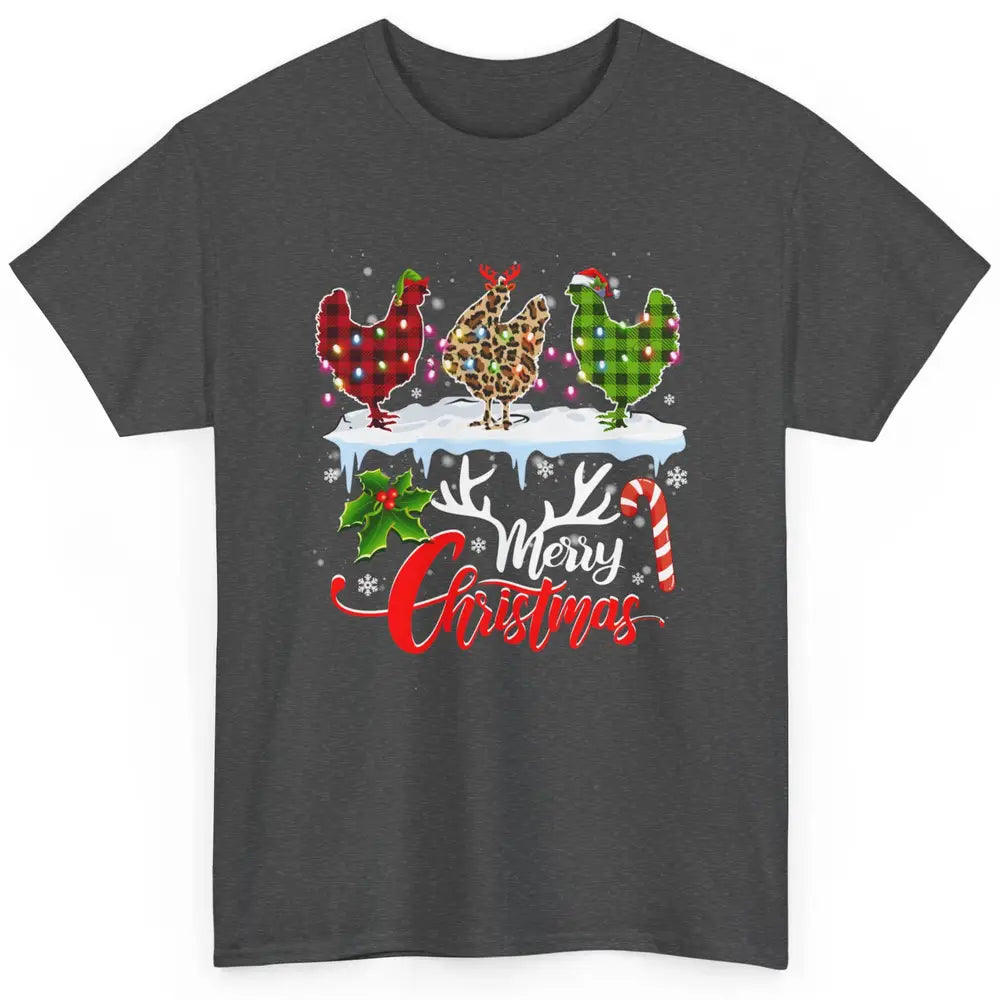 Merry Christmas Three Chickens Buffalo Leopard Red Plaid Hen Classic Unisex T-Shirt
