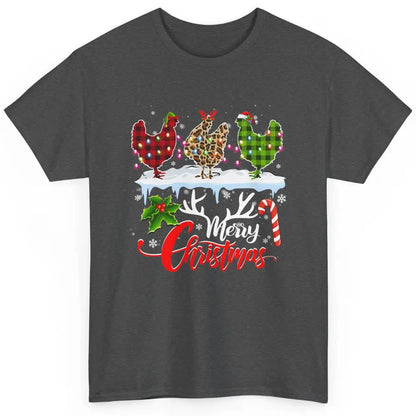 Merry Christmas Three Chickens Buffalo Leopard Red Plaid Hen Classic Unisex T-Shirt