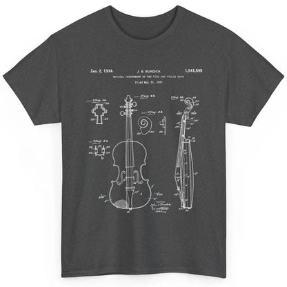 Vintage Patent Drawing Print Violin Player Retro Violinist Classic Unisex T-Shirt