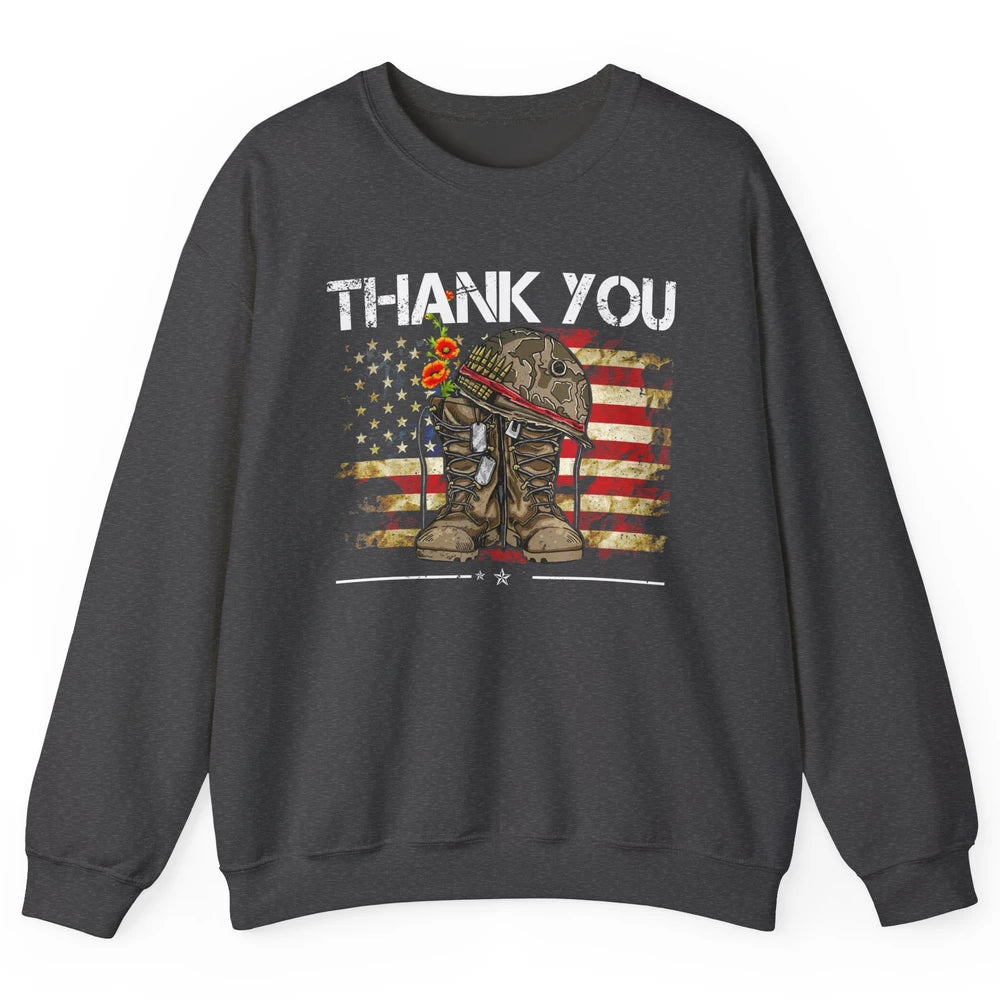 Vintage Veteran US Flag Thank You Military Boot Memorial Day Unisex Crewneck Sweatshirt