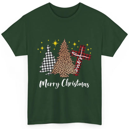 Merry Christmas Xmas Tree Cross Red Plaid Christian Leopard Classic Unisex T-Shirt