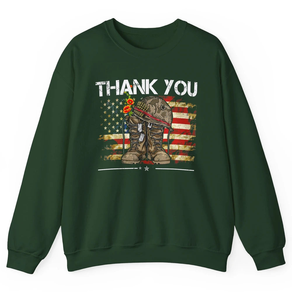 Vintage Veteran US Flag Thank You Military Boot Memorial Day Unisex Crewneck Sweatshirt