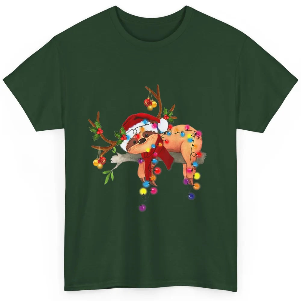 Merry Christmas Santa Claus Hat Sloth Reindeer Xmas Lights Classic Unisex T-Shirt