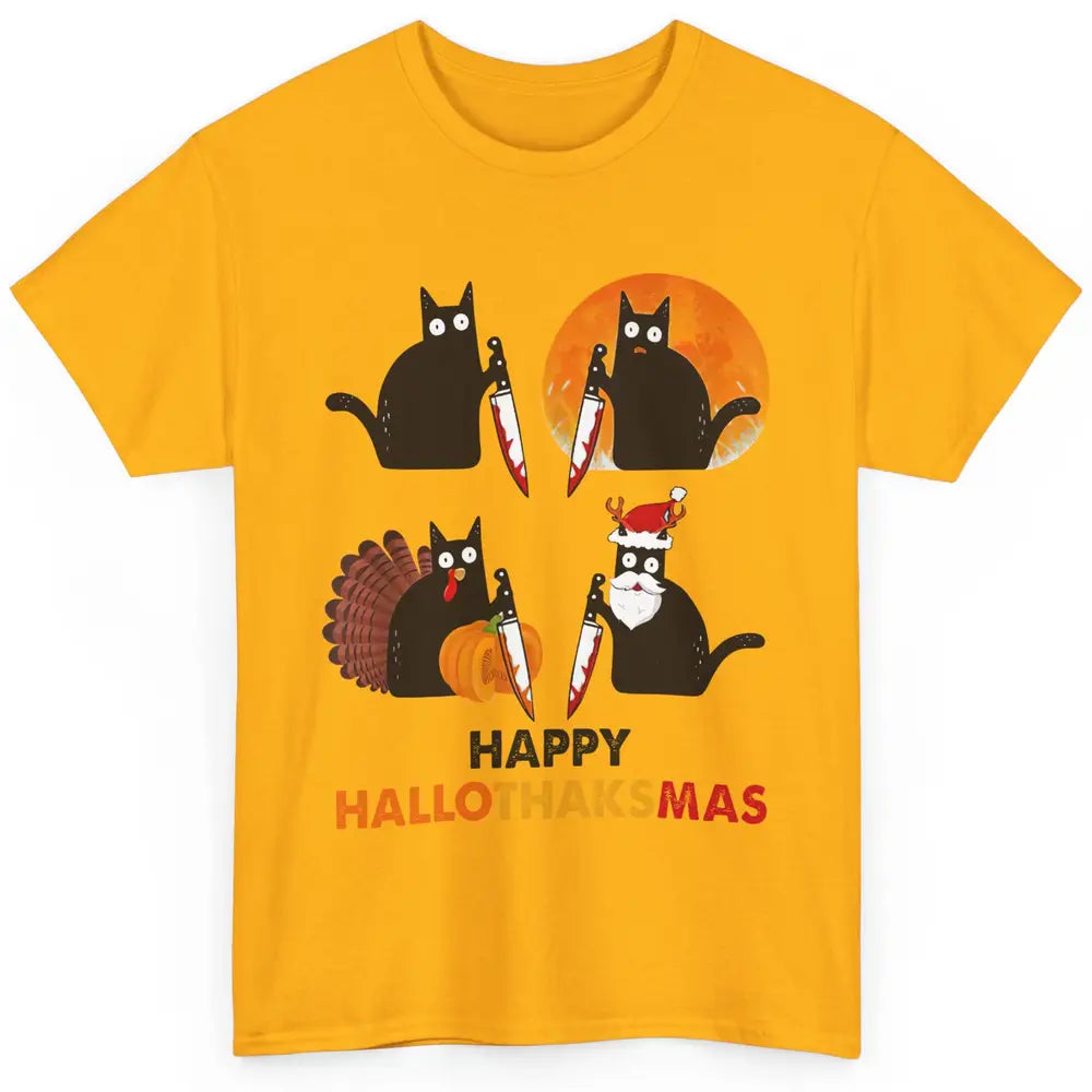 Funny Murderous Cat Turkey Hallo-thank-mas Thanksgiving Xmas Classic Unisex T-Shirt