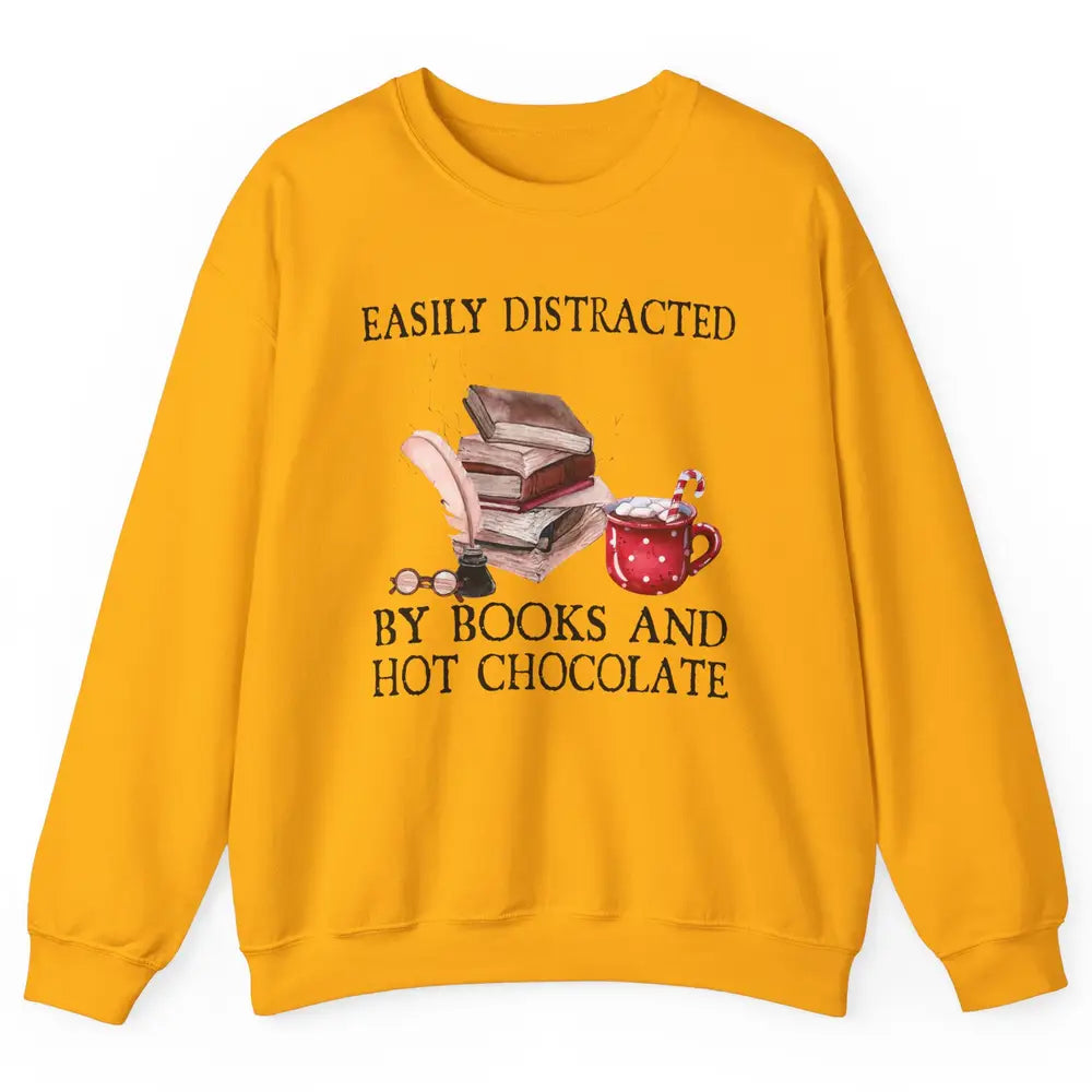 Retro Easily Distracted By Books And Hot Chocolate Christmas Unisex Crewneck Sweatshirt