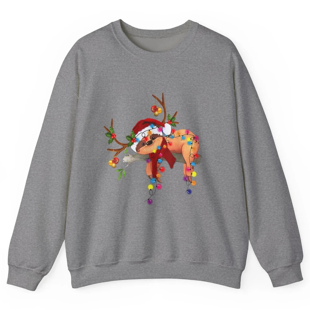 Merry Christmas Santa Claus Hat Sloth Reindeer Xmas Lights Unisex Crewneck Sweatshirt