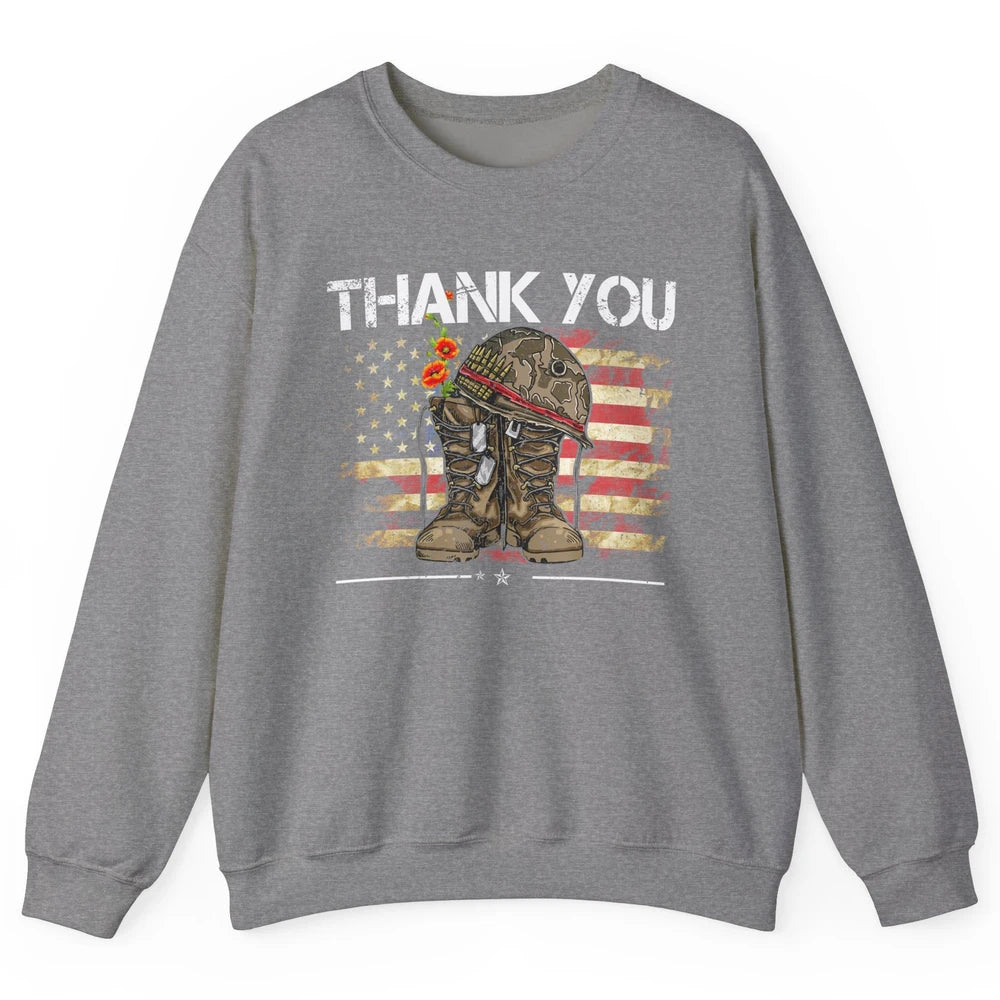 Vintage Veteran US Flag Thank You Military Boot Memorial Day Unisex Crewneck Sweatshirt