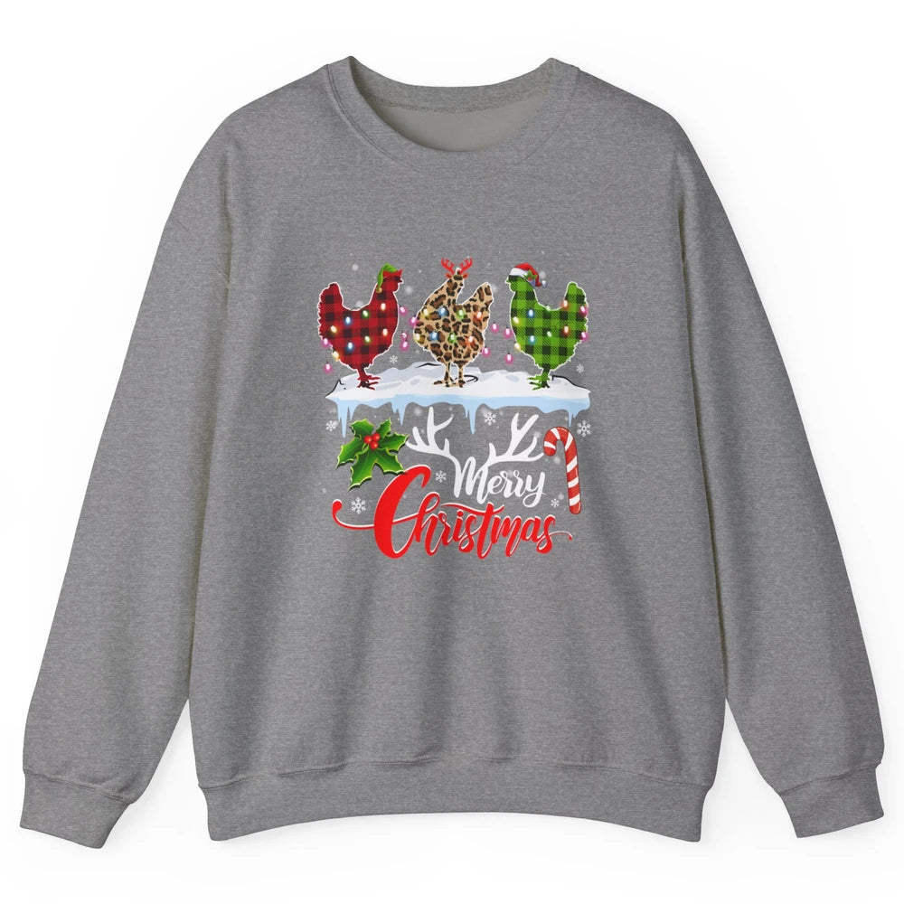Merry Christmas Three Chickens Buffalo Leopard Red Plaid Hen Unisex Crewneck Sweatshirt