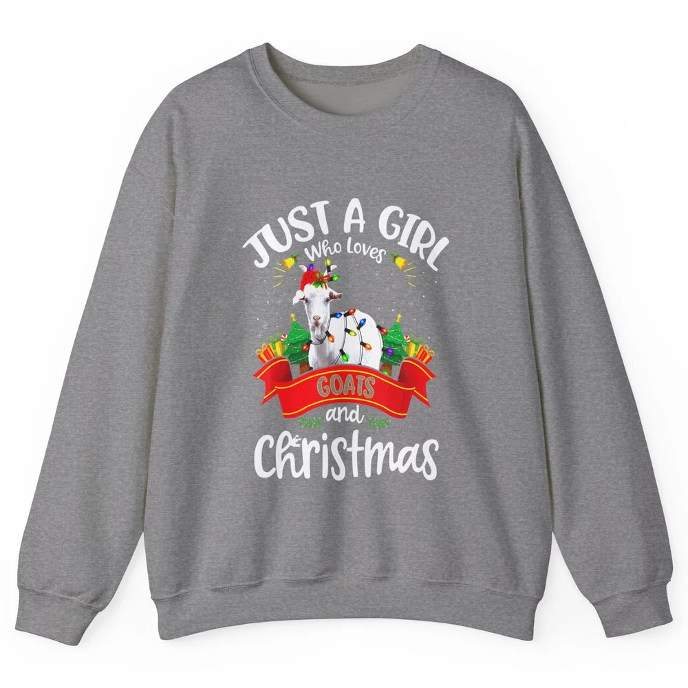 Merry Christmas Just Girl Loves Goat And Xmas Tree Lights Unisex Crewneck Sweatshirt