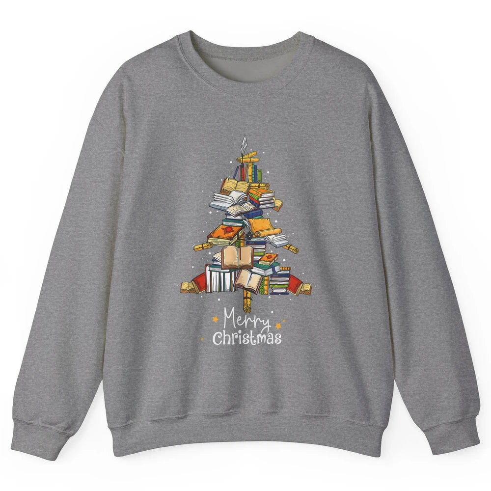 Merry Christmas Tree Reading Books Librarian Xmas Lighting Unisex Crewneck Sweatshirt