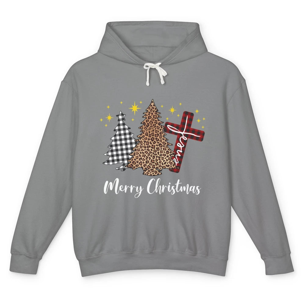 Merry Christmas Xmas Tree Cross Red Plaid Christian Leopard Unisex Lightweight Hoodie