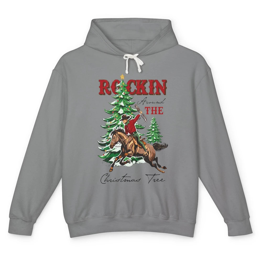Retro Horsing Cowboy Rocking Around Christmas Tree Western Unisex Lightweight Hoodie