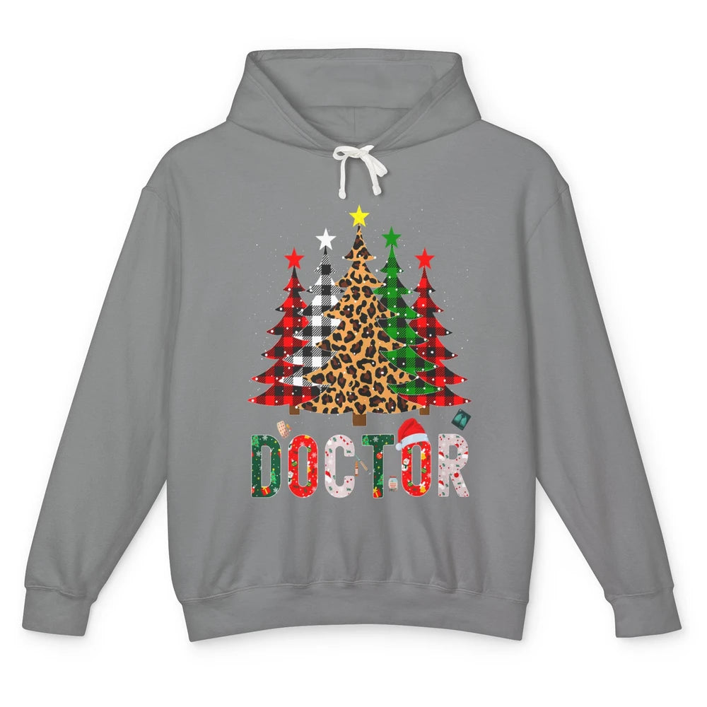 Merry Christmas Doctor Leopard Buffalo Plaid Xmas Pine Tree Unisex Lightweight Hoodie