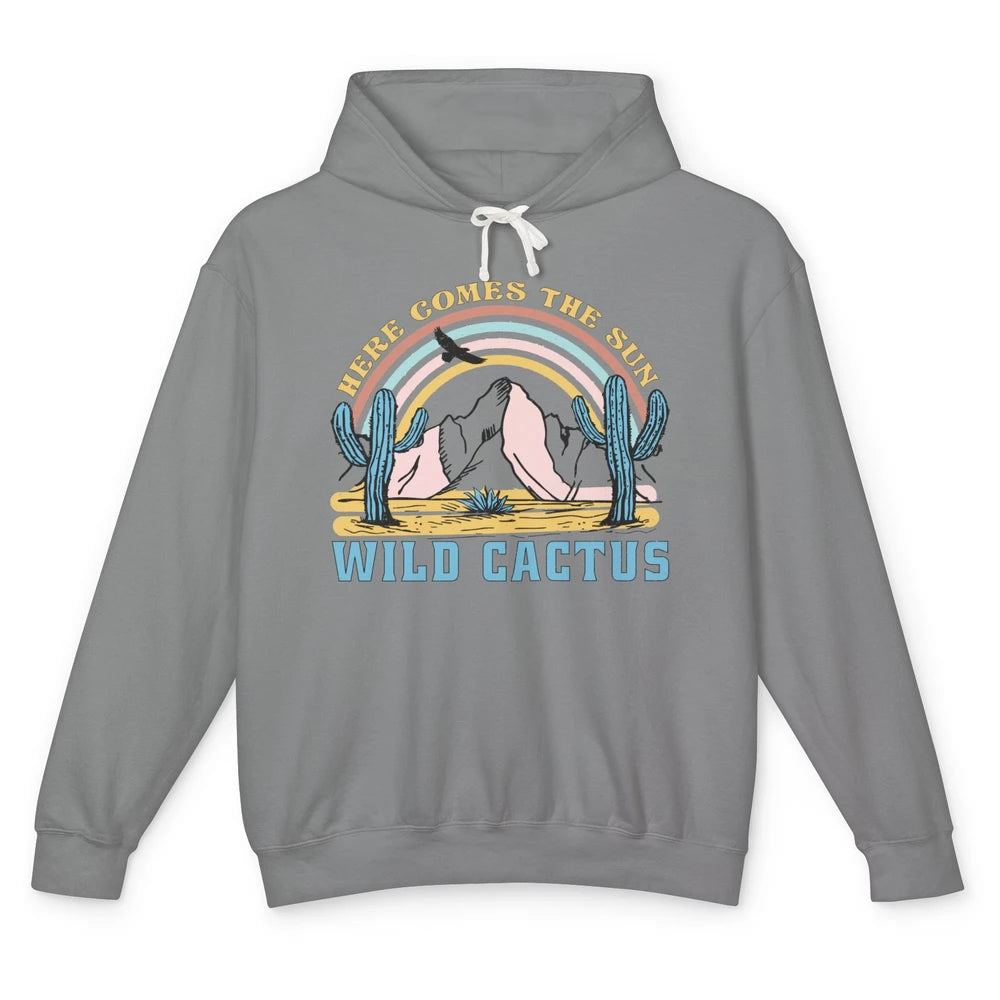 Retro Rainbow Here Come The Sun Wild cactus Desert Western Unisex Lightweight Hoodie