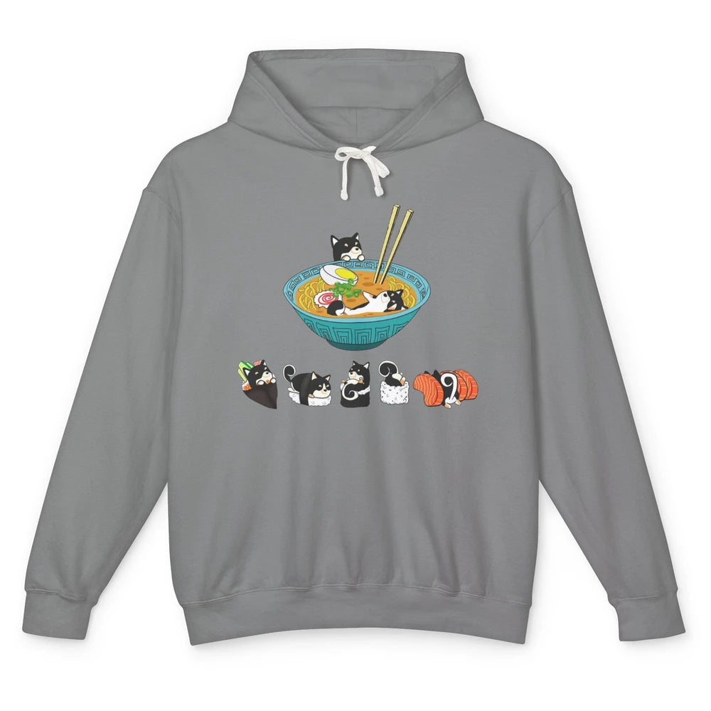 Funny Black Shiba Inu Sushi Ramen Bowl Japanese Kawaii Dog Unisex Lightweight Hoodie