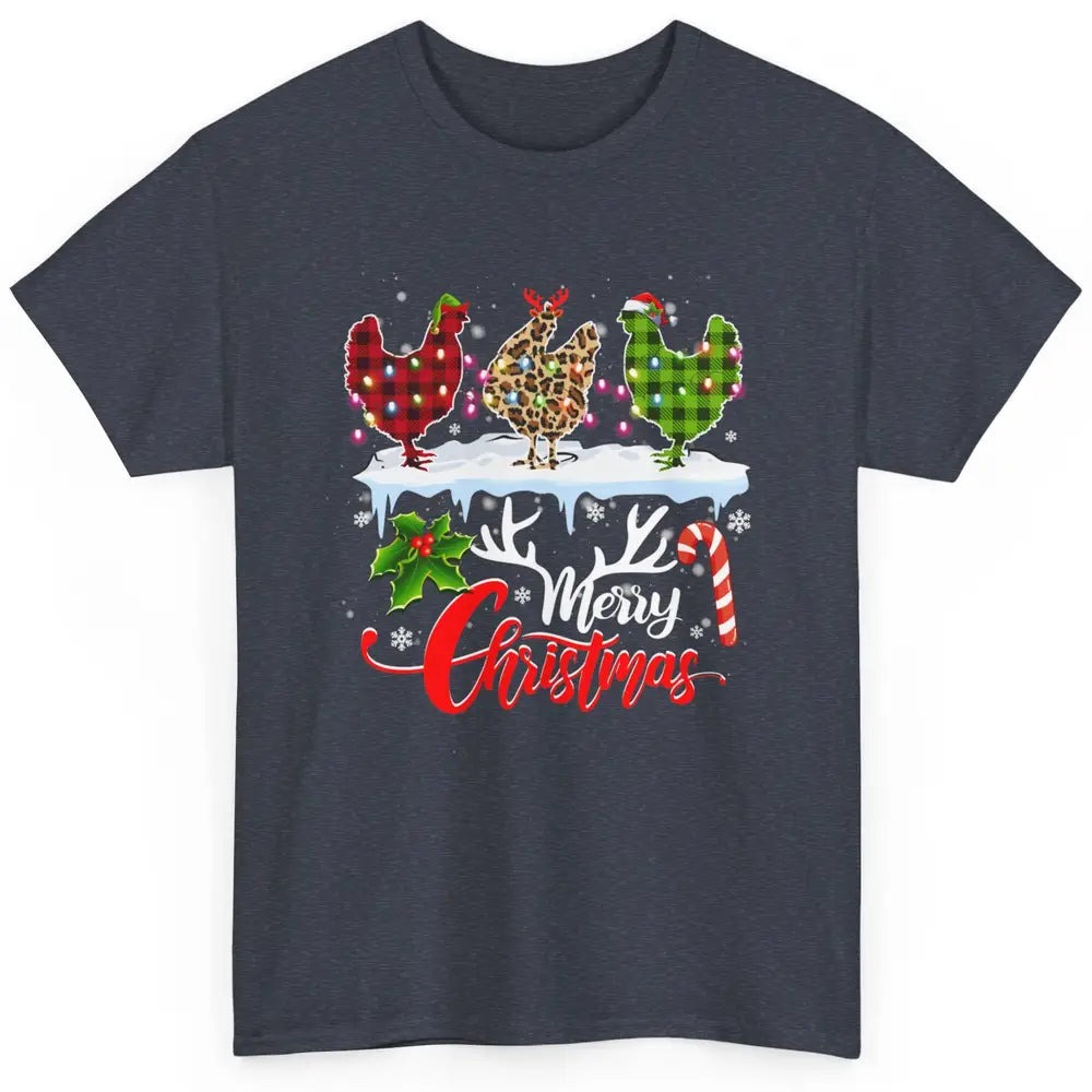 Merry Christmas Three Chickens Buffalo Leopard Red Plaid Hen Classic Unisex T-Shirt