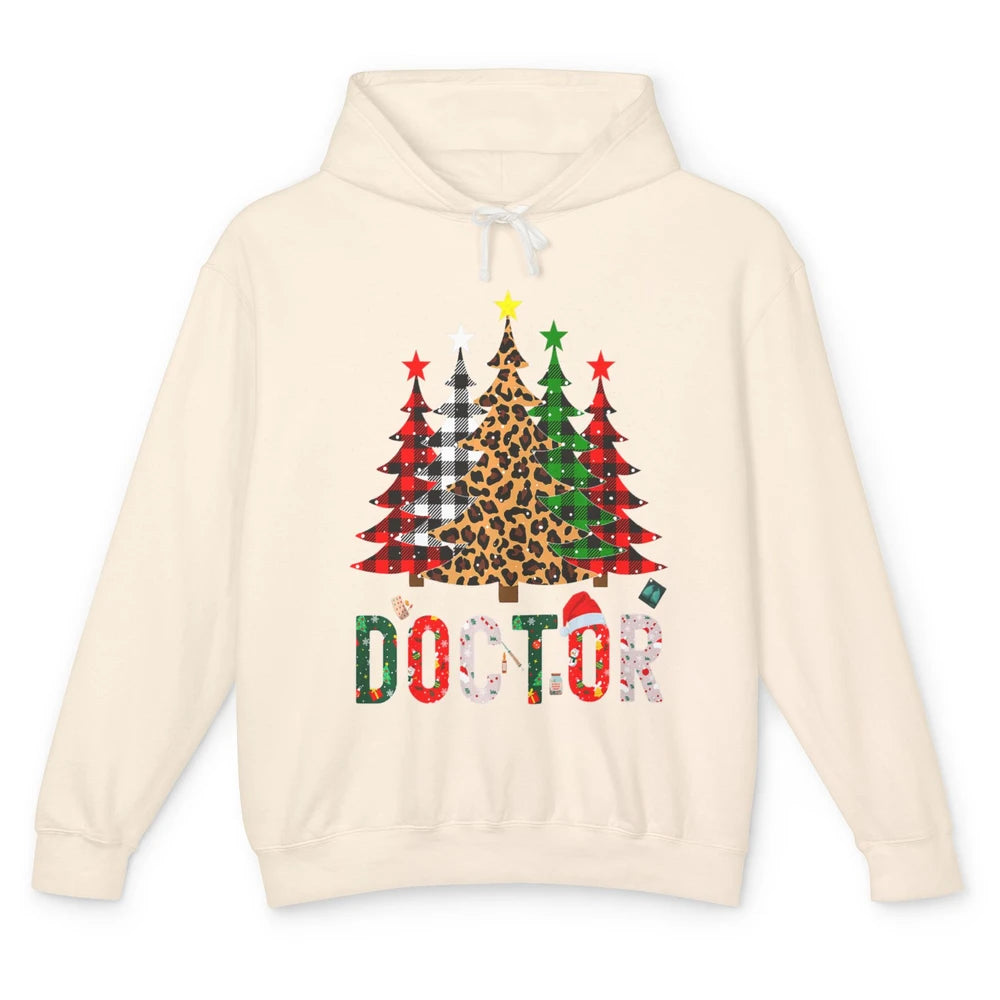 Merry Christmas Doctor Leopard Buffalo Plaid Xmas Pine Tree Unisex Lightweight Hoodie