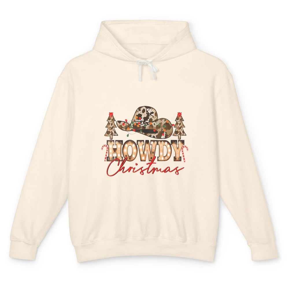 Merry Christmas Howdy Xmas Pine Trees Leopard Cowboy Hat Unisex Lightweight Hoodie