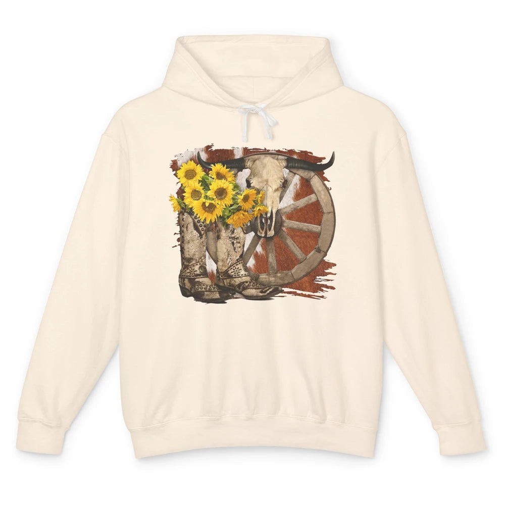 Retro Sunflower Cowgirl Boots Cow Skull Western Country Girl Unisex Lightweight Hoodie