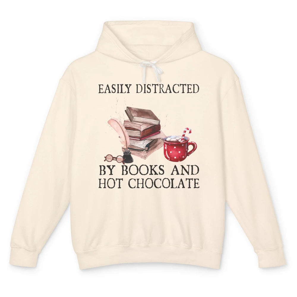 Retro Easily Distracted By Books And Hot Chocolate Christmas Unisex Lightweight Hoodie
