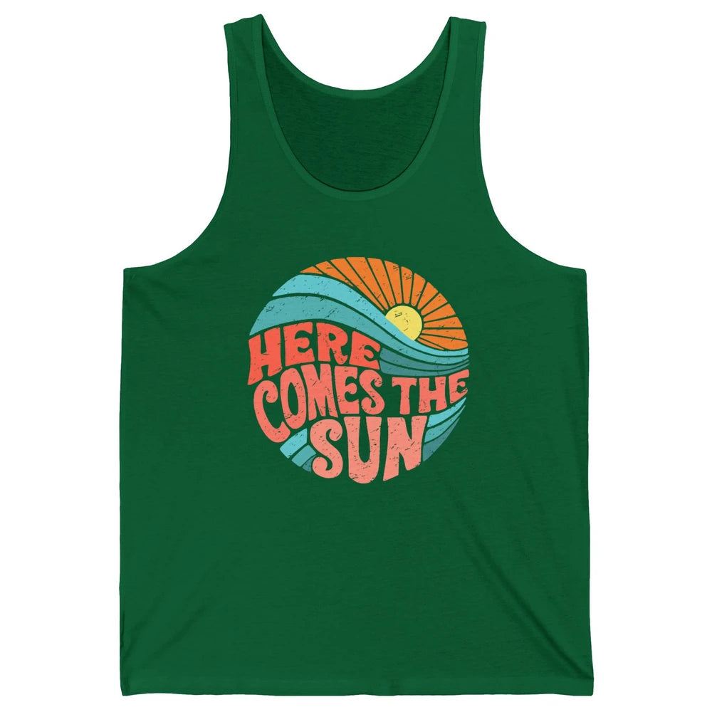Retro Rainbow Sunrise Here Comes The Sun Hippie Girl Unisex Jersey Tank