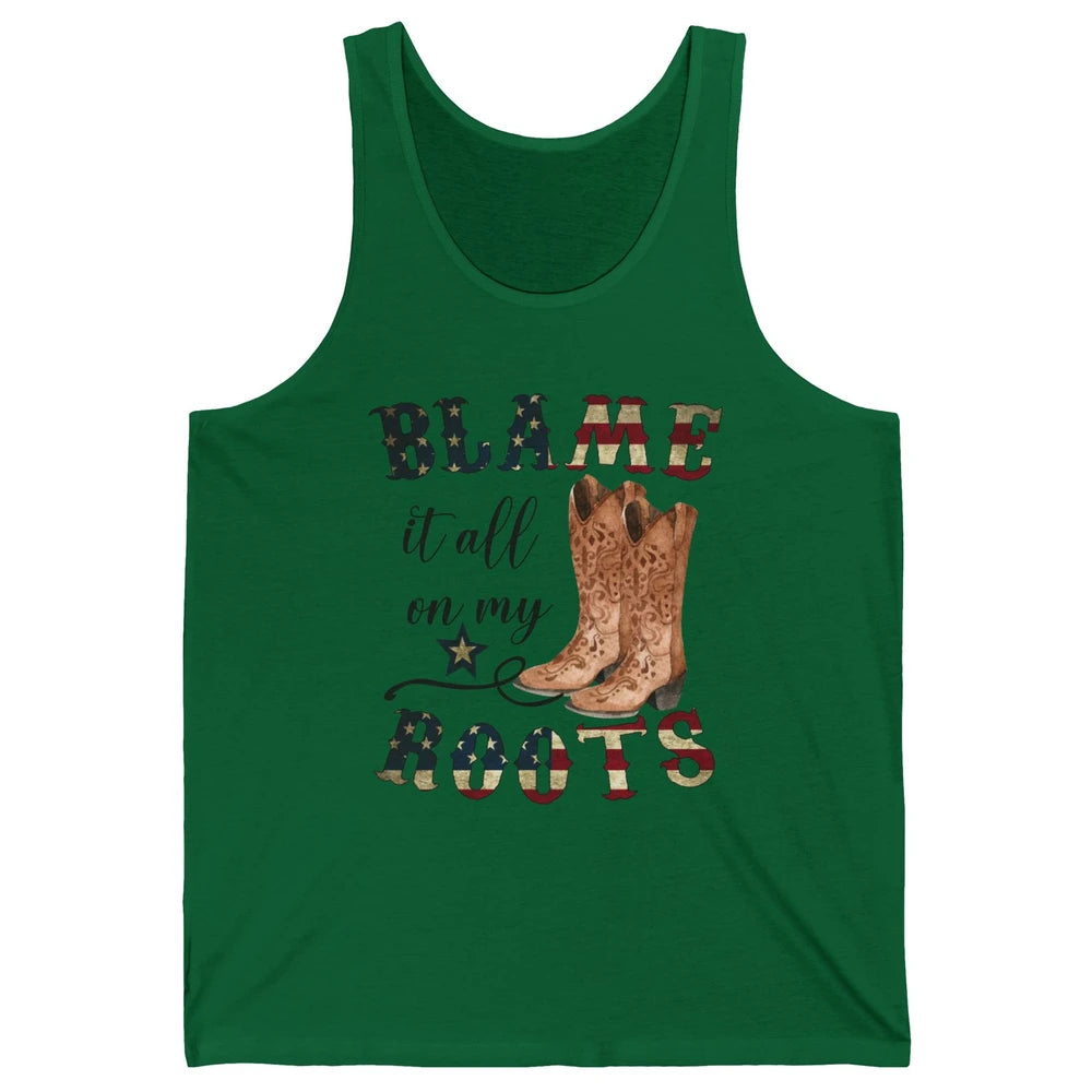 Retro US Flag Cowboy Boots Blame It All On My Roots Western Unisex Jersey Tank