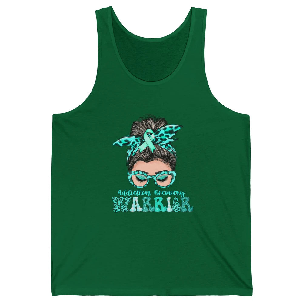 Addiction Recovery Awareness Warrior Leopard Messy Hair Bun Unisex Jersey Tank