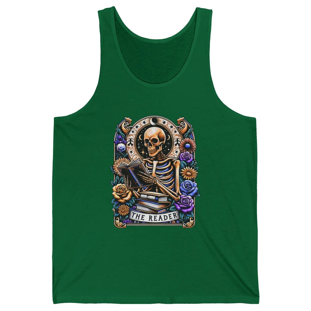 The Reader Tarot Card Halloween Reading Book Skeleton Floral Skull Bookish Bookworm Unisex Jersey Tank