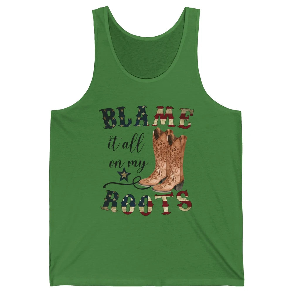 Retro US Flag Cowboy Boots Blame It All On My Roots Western Unisex Jersey Tank